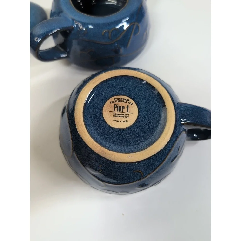 Pier 1 Teapot With Lid & Mug Stoneware Indigo Blue Embossed Perfect for one